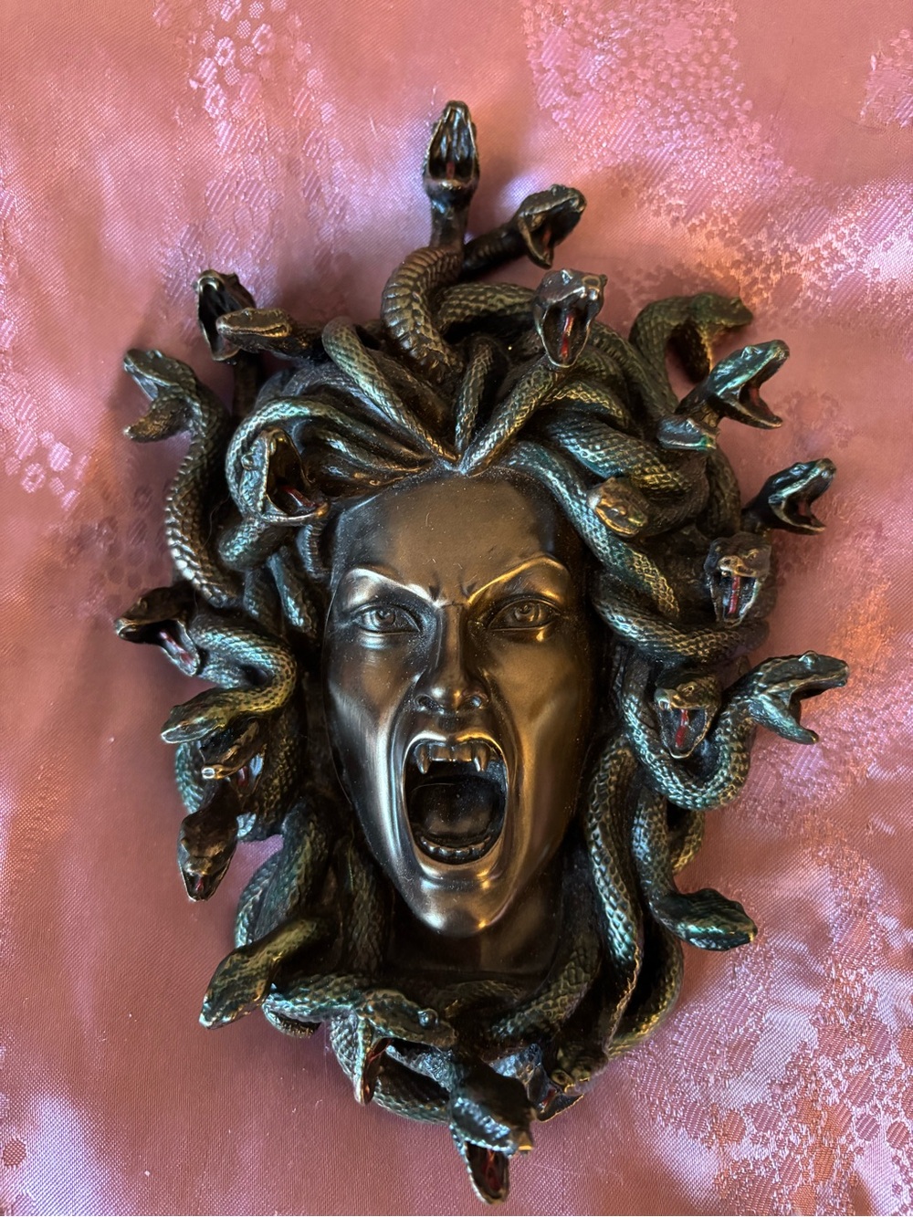 Medusa Snake Head Wall Sculpture in Dark Bronze and Green